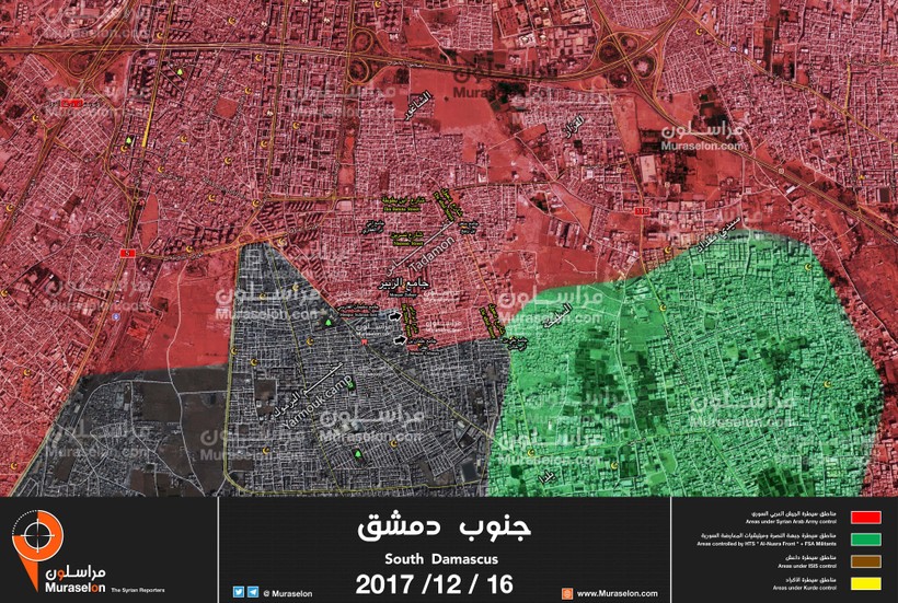 Bản đồ chiến sự khu vực Trại tỵ nan Yarmouk, Damascus - ảnh Muraselon