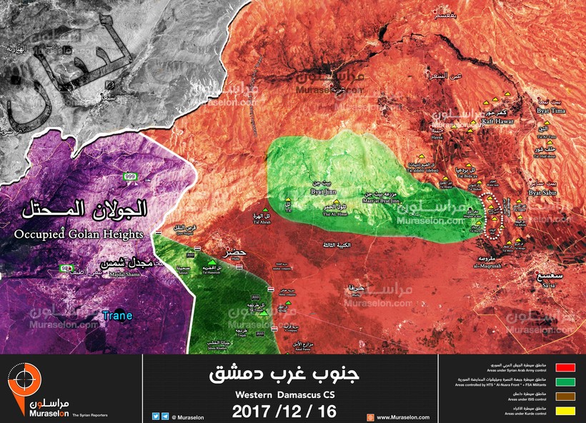 Bản đồ tình hình chiến sự vùng Beit Jinn, cao nguyên Golan, quân đội Syria bao vây thị trấn Mughr al-Mir từ 3 phía - ảnh Muraselon