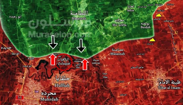 Bàn đồ chiến sự miền bắc Hama, quân đội Syria đẩy lùi các cuộc tấn công của phiến quân - ảnh Muraselon
