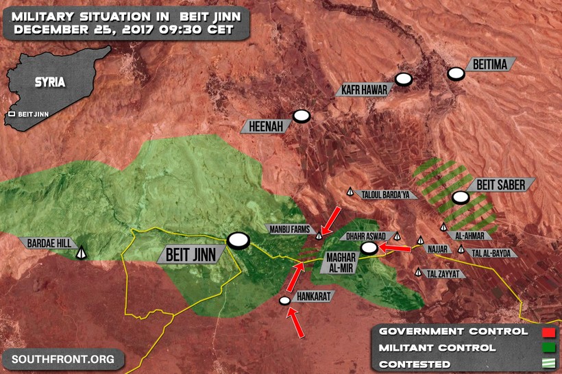Các mũi tiến công của quân đội Syria đánh vào thung lũng Beit Jinn, gần cao nguyên Golan - ảnh South Front