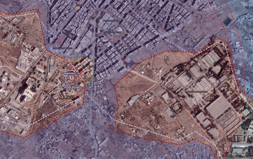 Vùng chiến quanh căn cứ Thiết giáp quận Harasta, đông Ghouta - ảnh Masdar News