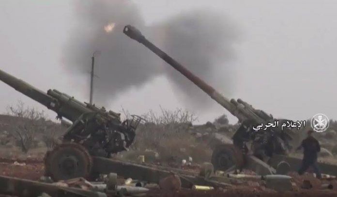 Pháo binh lực lượng Tiger bắn phá chiến tuyến của phiến quân thánh chiến ở Idlib - ảnh minh họa Masdar News