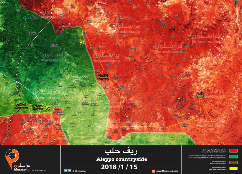 Tình hình chiến sự khu vực phía tây nam tỉnh Aleppo gần căn cứ sân bay Abu Duhur - ảnh Muraselon
