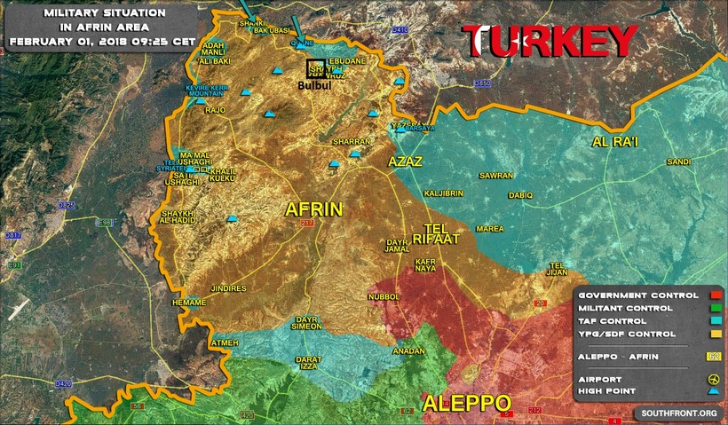 Chiến trường Afrin tính đến ngày 01.02.2018 theo South Front