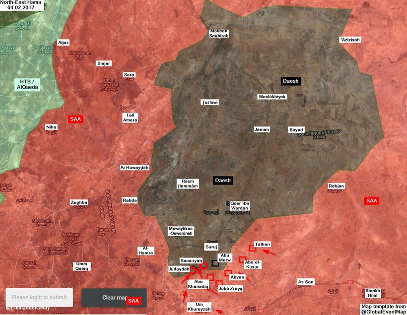 Các mũi tiến công của quân đội Syria tính đến ngày 04.02.2018 theo South Front