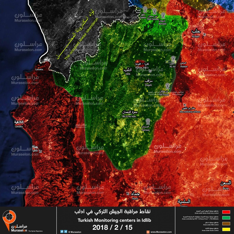 Bản đồ các trạm kiểm soát ngừng bắn của Thổ Nhĩ Kỳ trong khu vực tỉnh Idlib - ảnh Muraselon
