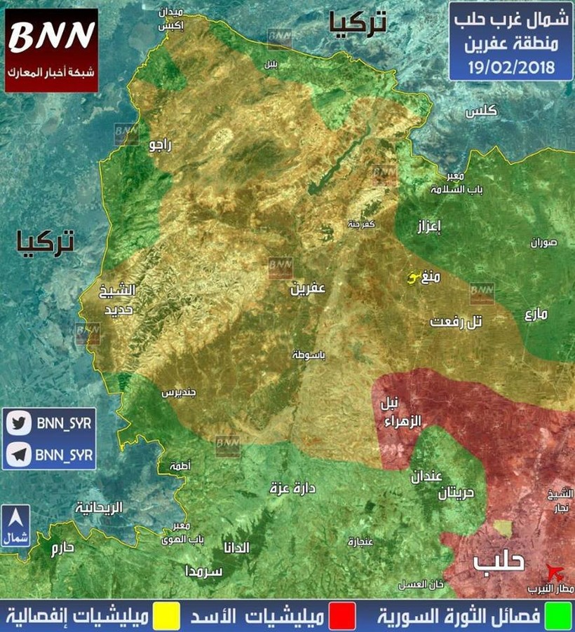 Tổng quan tình hình chiến tuyến Afrin tính đến ngày 19.02.2018 theo BNN - ảnh South Front