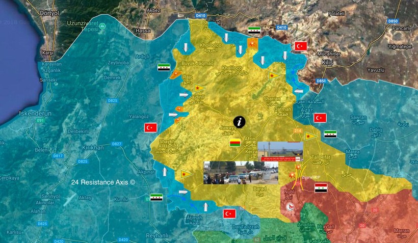 Tình hình chiến sự khu vực Afrin tính đến ngày 20.02.2018 theo truyền thông Thổ Nhĩ Kỳ. Ảnh minh họa South Front