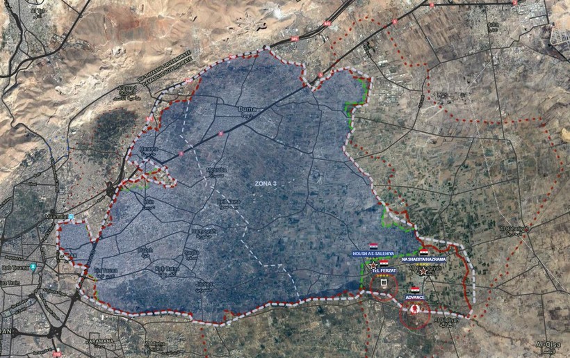 Các mũi tiến công của quân đội Syria vào khu vực Đông Ghouta, ảnh Muraselon