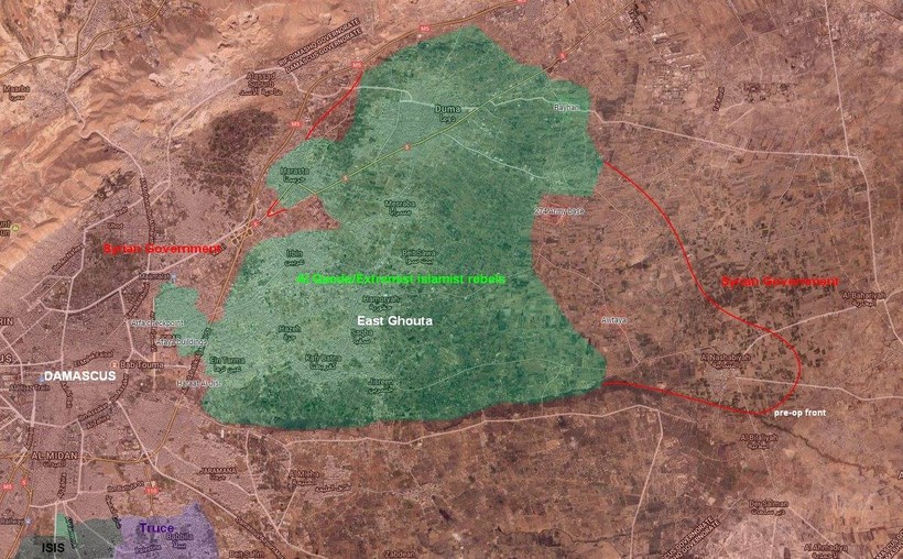 Bản đồ chiến trường khu vực Đông Ghouta tính đến ngày 03.03.2018 theo South Front