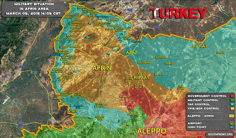 Bản đồ tình hình chiến sự Afrin tính đến ngày 05.03.2018 theo South Front