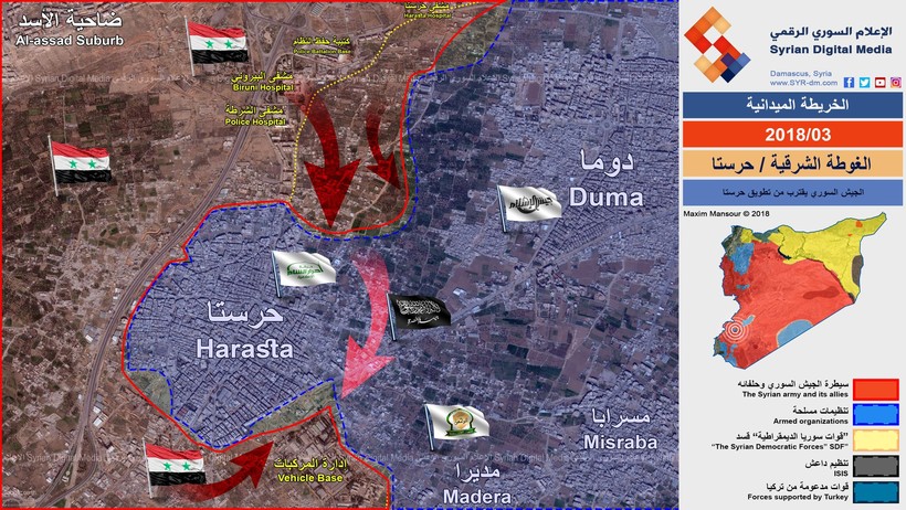 Bản đồ hướng tấn công chính của lực lượng sư đoàn cơ giới số 4 ở Đông Ghouta - ảnh Syrian Digital Media