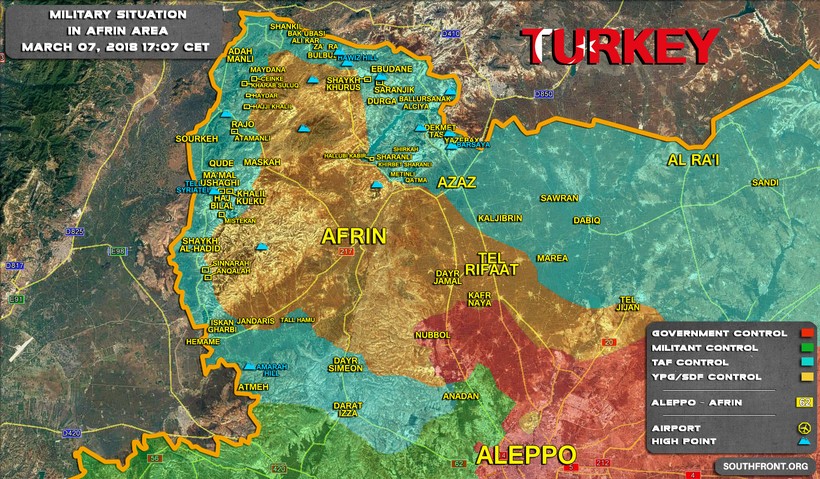 Tình hình chiến sự Afrin tính đến ngày 07.03.2018 theo South Front