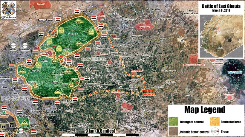 Bản đồ tình hình chiến sự Đông Ghouta ngày 08.03.2018 theo Al-Massdar News