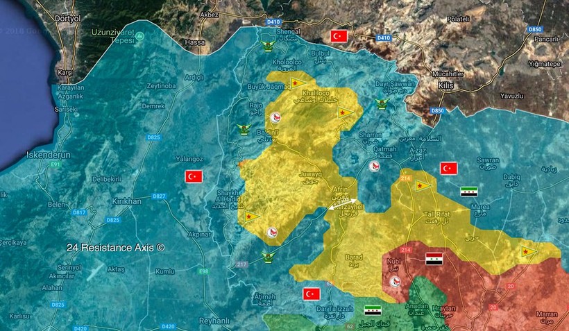 Bản đồ tình hình chiến sự khu vực Afrin, liên quân do Thổ Nhĩ Kỳ lãnh đạo chỉ còn 5 km để phong tỏa thành phố - ảnh truyền thông Thổ Nhĩ Kỳ. 