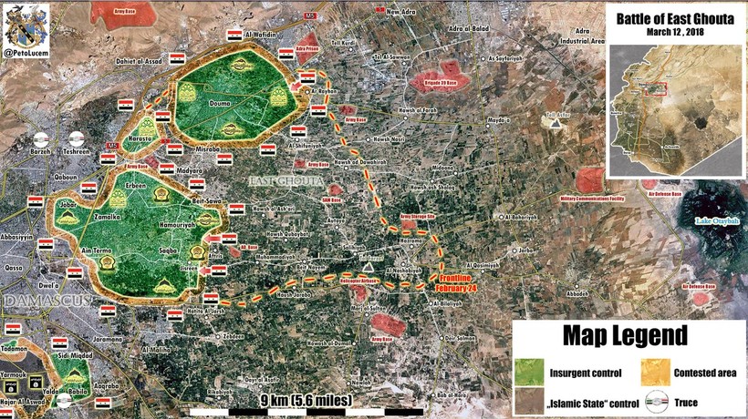 Tình hình chiến sự Đông Ghouta ngày 12.03.2018, quân đội Syria tiếp tục tấn công mãnh liệt vào các vị trí của lực lượng Hồi giáo cực đoan - ảnh Muraselon