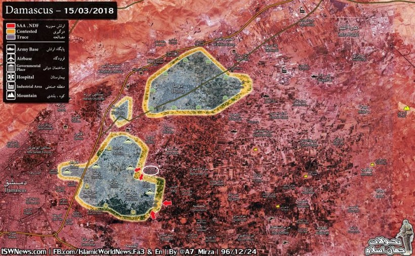Bản đồ tình hình chiến sự Đông Ghouta ngày 15.03.2-18, quân đội Syria bẻ gãy các cuộc tấn công của HTS. Ảnh minh họa Masdar News
