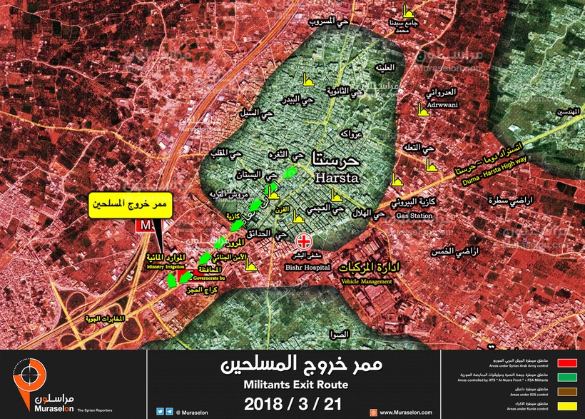 Bản đồ hành trình ra khỏi quận Harasta về tình Idlib của nhóm chiến binh Ahrar Al-Sham. Ảnh Muraselon