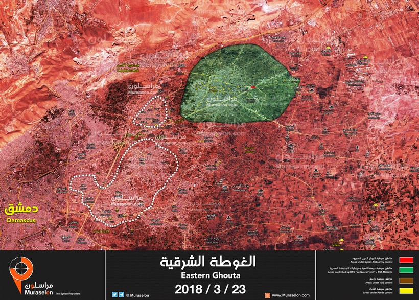Bản đồ tình hình chiến sự Đông Ghouta, gần như đã hoàn toàn giải phóng, chỉ còn thị trấn thành phố Đông Ghouta