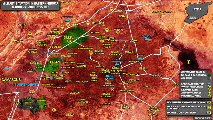 Bản đồ tình hình chiến sự khu vực Đông Ghouta tính đến ngày 27.03.2018 theo South Front
