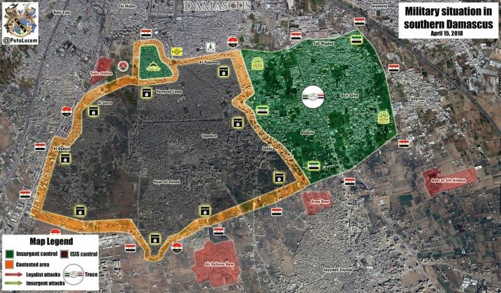 Bản đồ tình hình chiến sự Yarmouk ngày 16,04,2018 theo Masdar News