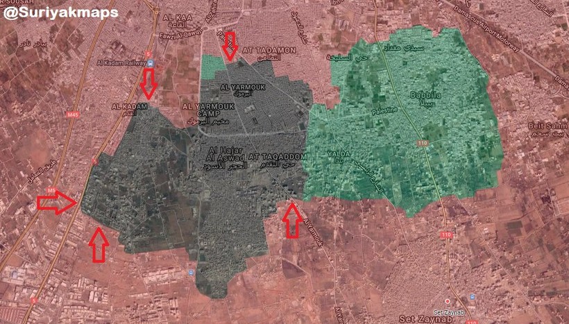 Các mũi tiến công của quân đội Syria vào khu vực trại Yarmouk. Anh South Front