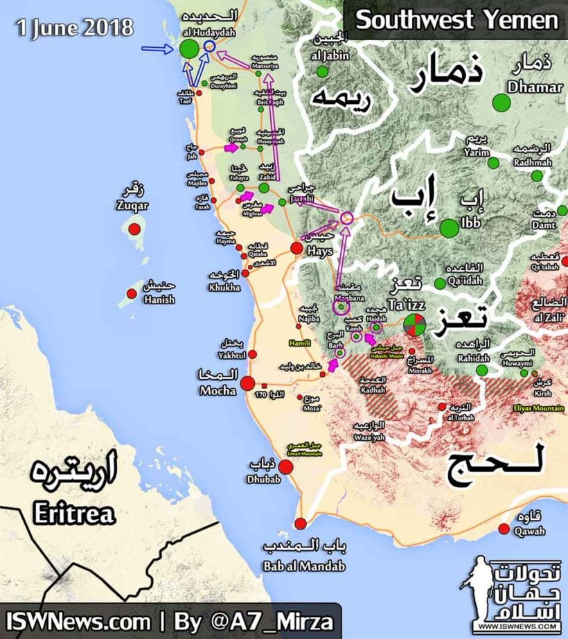 Bản đồ cuộc tấn công của Liên minh quân sự Ả rập Xê út và cuộc phản conong của lực lượng Houthi. Ảnh South Front