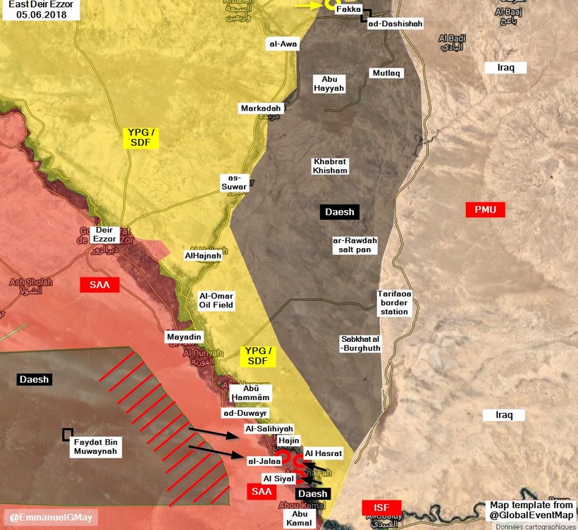 Bản đồ tấn công của IS trên chiến trường thành phố Abukamal. Ảnh minh họa South Front
