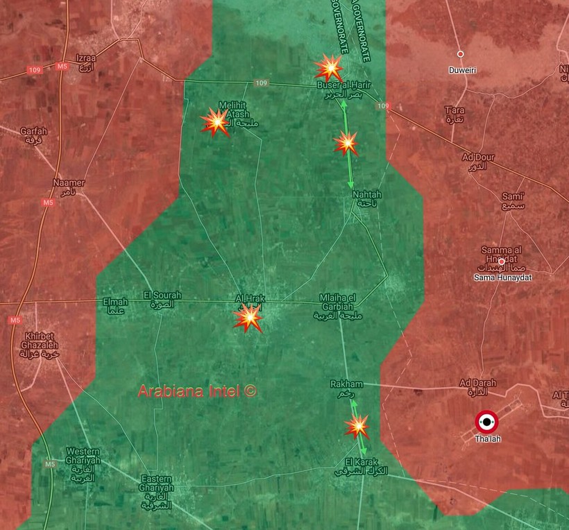 Các khu vực do lực lượng Tiger quân đội Syria pháo kích cắt đường tiếp vận ở Daraa. Ảnh South Front