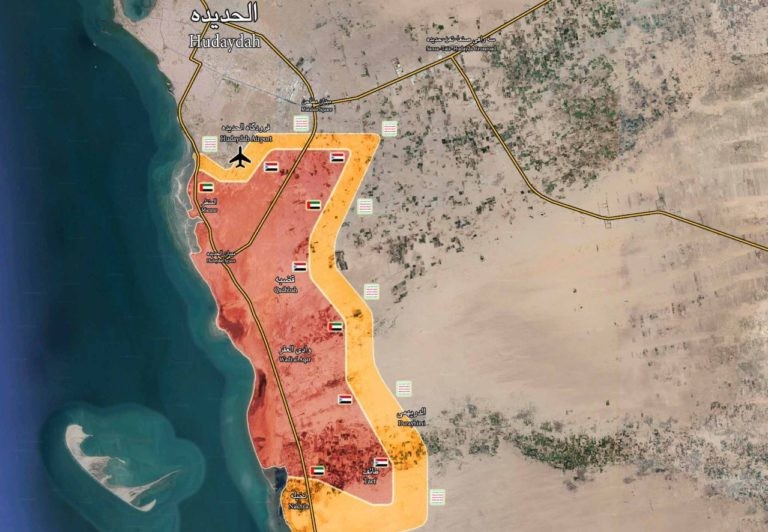 Chiến tuyến liên minh quân sự do Ả rập Xê út dẫn đầu ở thành phố cảng và sân bay  sân bay al-Hudaydah. Ảnh South Front