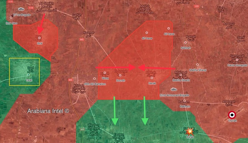 Các mũi tiến công và khu vực giải phóng của quân đội Syria. Ảnh Masdar News