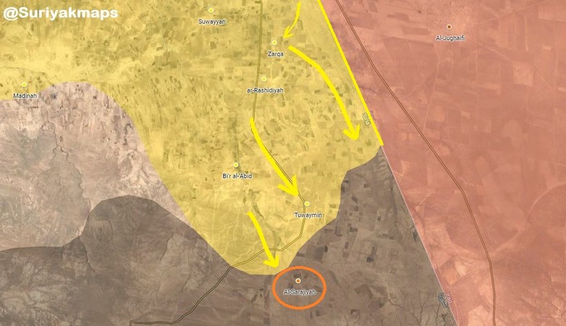 Bản đồ các hướng tấn công chính của lực lượng SDF trên chiến trường phía nam Syria. Ảnh South Front