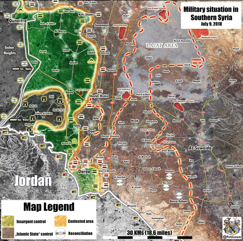 Bản đồ tình hình chiến sự tỉnh Daraa tính đến ngày 09.07.2018 theo South Front