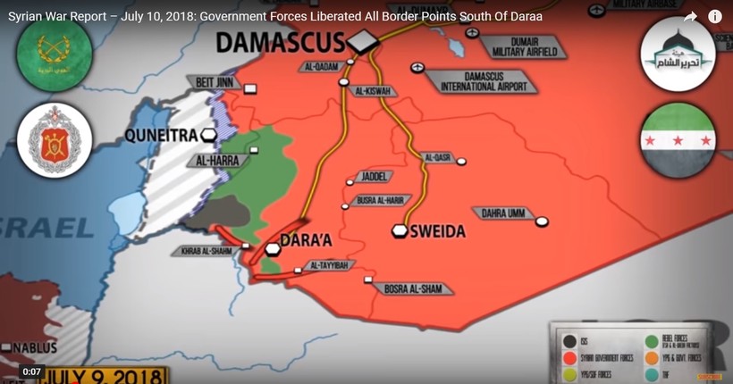 Quân đội Syria giải phóng toàn bộ tuyến biên giới tình Daraa với Jorrdan. Ảnh video SouFront
