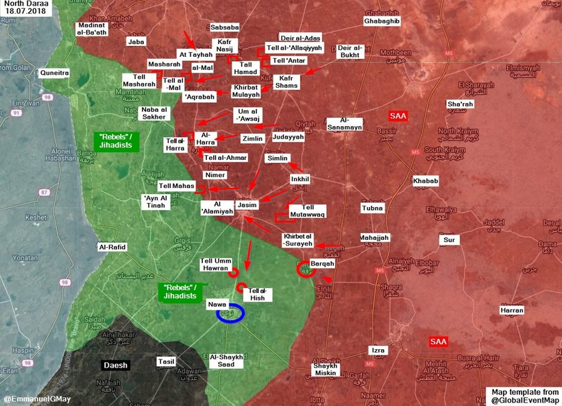 Các mũi tiến công của quân đội Syria trên chiến trường Daraa. Ảnh minh họa SouthFront