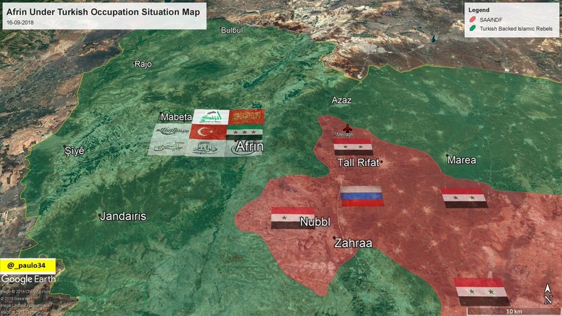 Bàn đồ khu vực Afrin, bị FSA và quân đội Thổ Nhĩ Kỳ chiếm đóng dưới danh nghĩa diệt YPG. Ảnh minh họa Masdar News