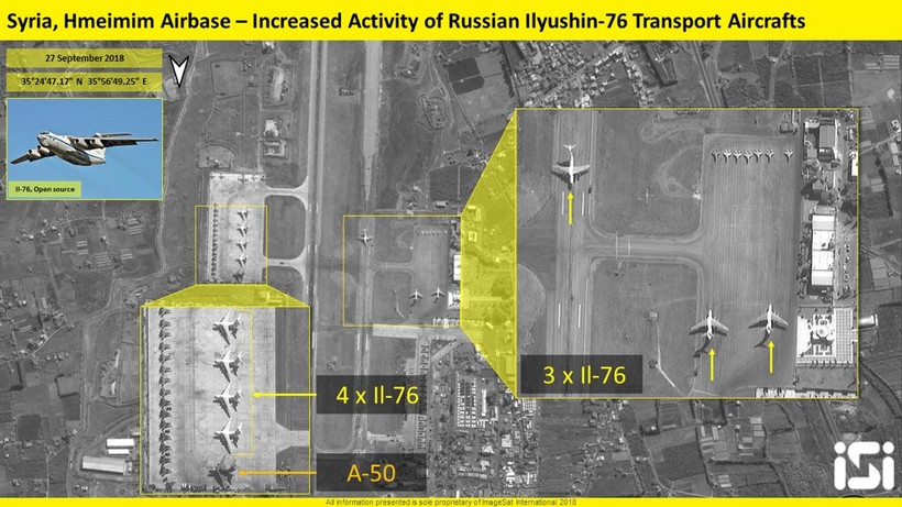 Bức ảnh vệ tinh ISI ghi lại cảnh các máy bay quân sự Nga trên căn cứ Hmeimim,Latakia