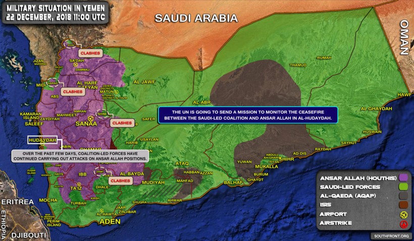 Tổng quan tình hình chiến sự Yemen tính đến ngày 22.12,2018, giao chiến tiếp tục diễn ra ác liệt ở miền tây quốc gia này. Ảnh minh họa: South Front.