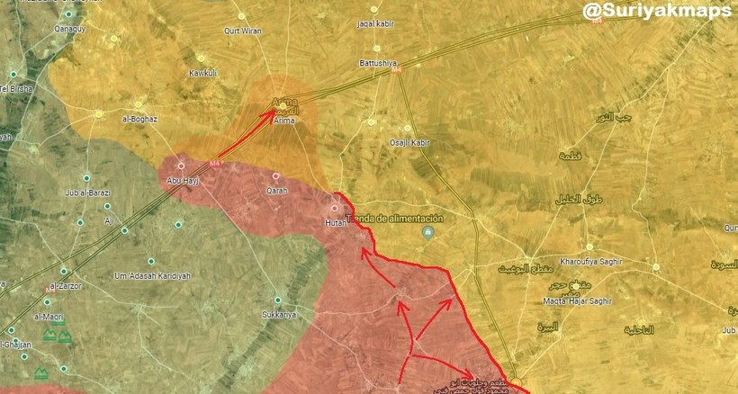 Quân đội Syria và quân cảnh Nga tiến vào làng Arima, phía tây thành phố Manbji do SDF kiểm soát. Ảnh: Muraselon.