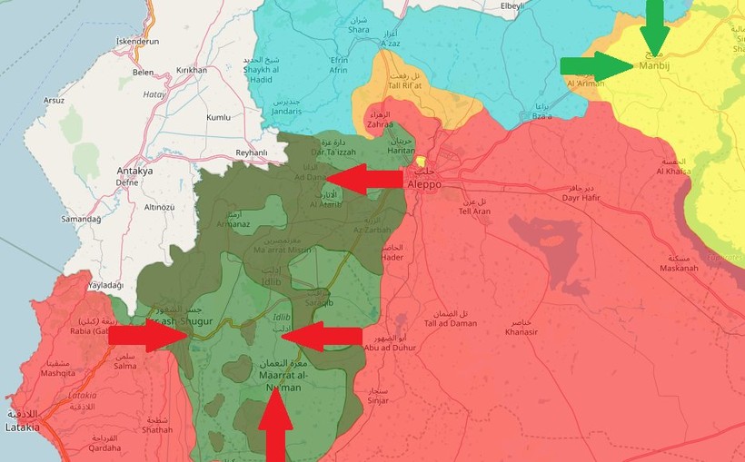 Các hướng tấn công của quân đội Syria và liên minh quân sự FSA và quân đội Thổ Nhĩ Kỳ, theo truyền thông đối lập Syria. Ảnh minh họa SyriaWarNews