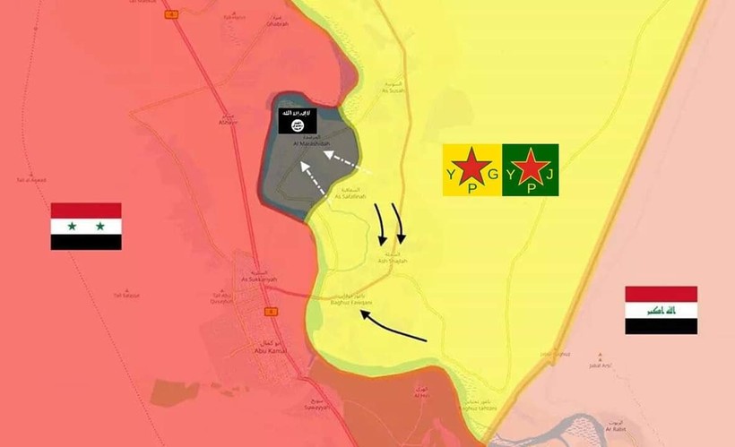 Vùng lãnh địa cuối cùng của IS trong khu vực bờ đông sông Euphrates, Deir Ezzor. Bản đồ: Masdar News.