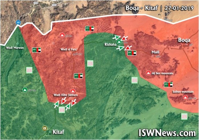 Bản đồ chiến sự vùng Kitaf, biên giới Yemen - Ả rập Xê-út. Ảnh: Masdar News.