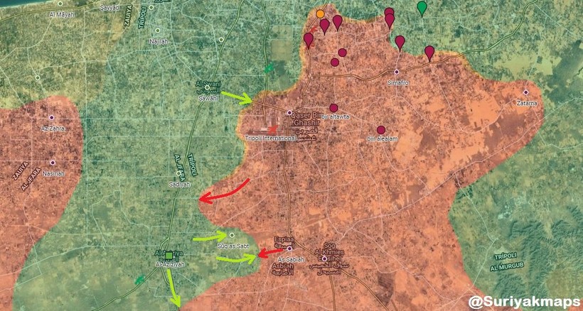 Tình hình chiến sự Libya tính đến ngày 10.05.2019 theo South Front, mầu xanh là GNA, màu đỏ là LNA