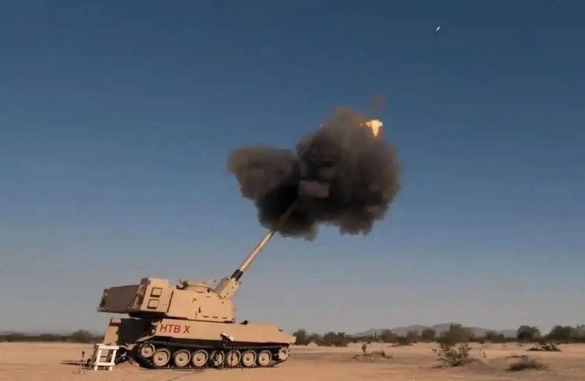 Pháo tự hành tầm xa của Quân đội Mỹ (ERCA) bắn thử nghiệm đạn pháo độ chính xác cao. Ảnh Military Leak