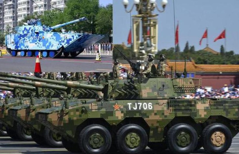 Xe bọc thép bánh lốp ZTL-11 và xe đột kích đôt bộ ZBD05 Trung Quốc trong lễ duyệt binh. Ảnh: Sina