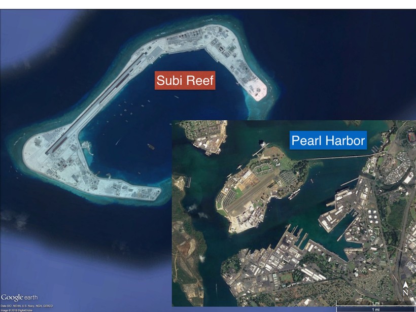 Đá Subi ở quần đảo Trường Sa đã bị Trung Quốc bồi lấp trái phép thành đảo nhân tạo, xây dựng đường băng, nhà chứa máy bay và các công trình kiên cố với quy mô một căn cứ quân sự lớn