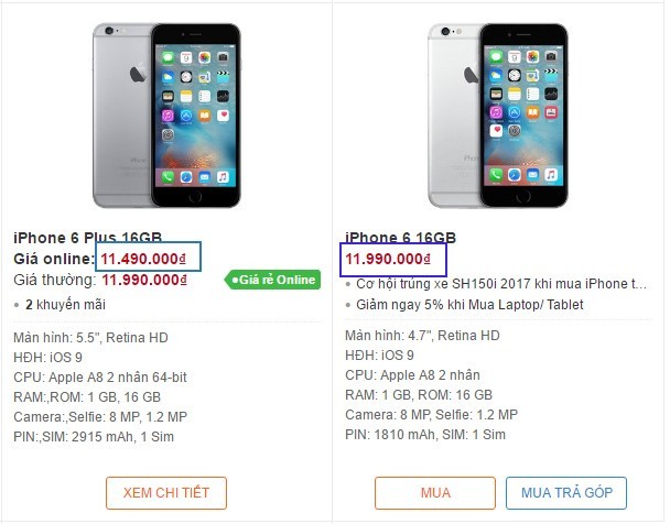 Giá bán iPhone 6 Plus đang thấp hơn cả iPhone 6. Ảnh chụp màn hình.