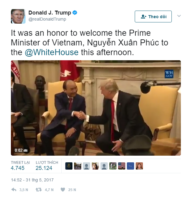 Video đón tiếp Thủ tướng Nguyễn Xuân Phúc được Tổng thống Donal Trump đăng trang trọng trên Twitter  cá nhân.