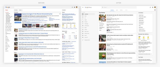 Giao diện Google News cũ (trái) và giao diện mới (phải)

