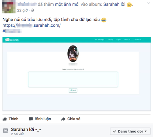 Nhiều bạn trẻ chia sẻ đường link Sarahah trên Facebook.